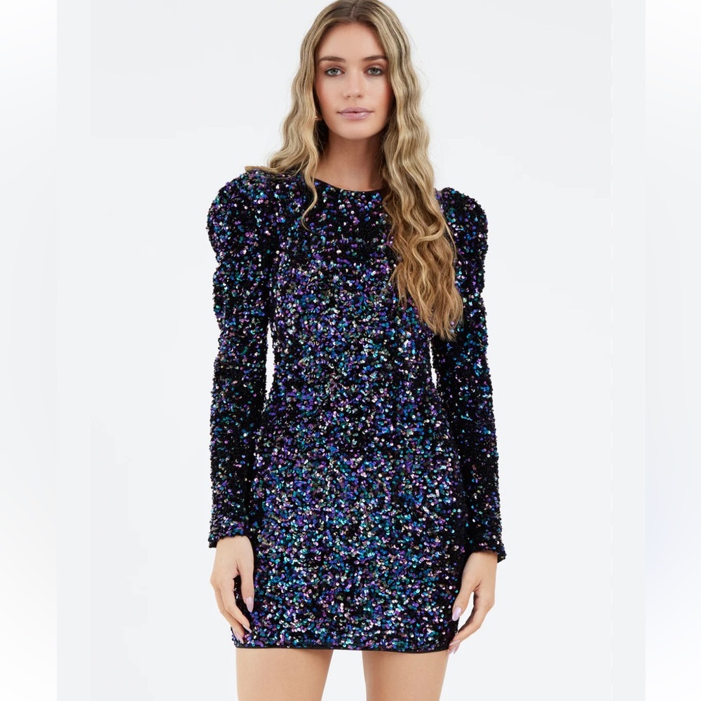 Full Sequin Long Sleeve Dress with velvet tie in back and puff sleeve. NWT.
